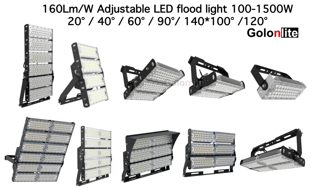 160lm/W 20 40 60 90 120 Degrees P50 IP66 Dim Football Stadium Sport Court 100W 150W 200W 250W 300W 600W 400W 500W 1000W 1200W 1500W Adjustable LED Flood Light